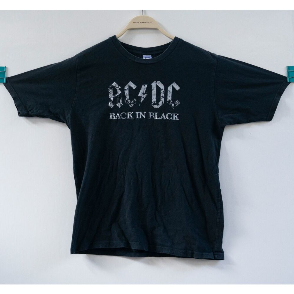 AC/DC Back In Black Distressed Logo‎ Band Tee Metal Rock T-Shirt Size M Classic
